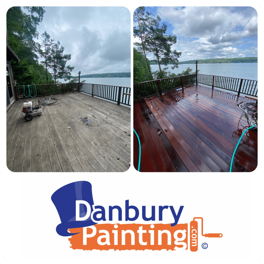 Deck Refinishing, Washing and Deck Cleaning used in this deck stain project on Ipe wood. Ipe is an exotic wood and Danbury Painting knows the process in bring the deck back to life, deck staining contractor 