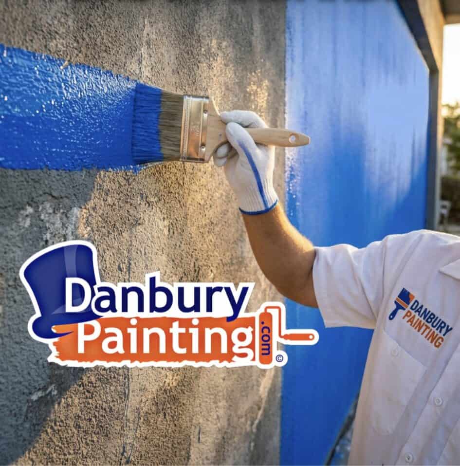 Painter wearing a white shirt and glove brushes bright blue paint onto a textured exterior wall; Danbury Painting logo overlaid in the lower-left corner.