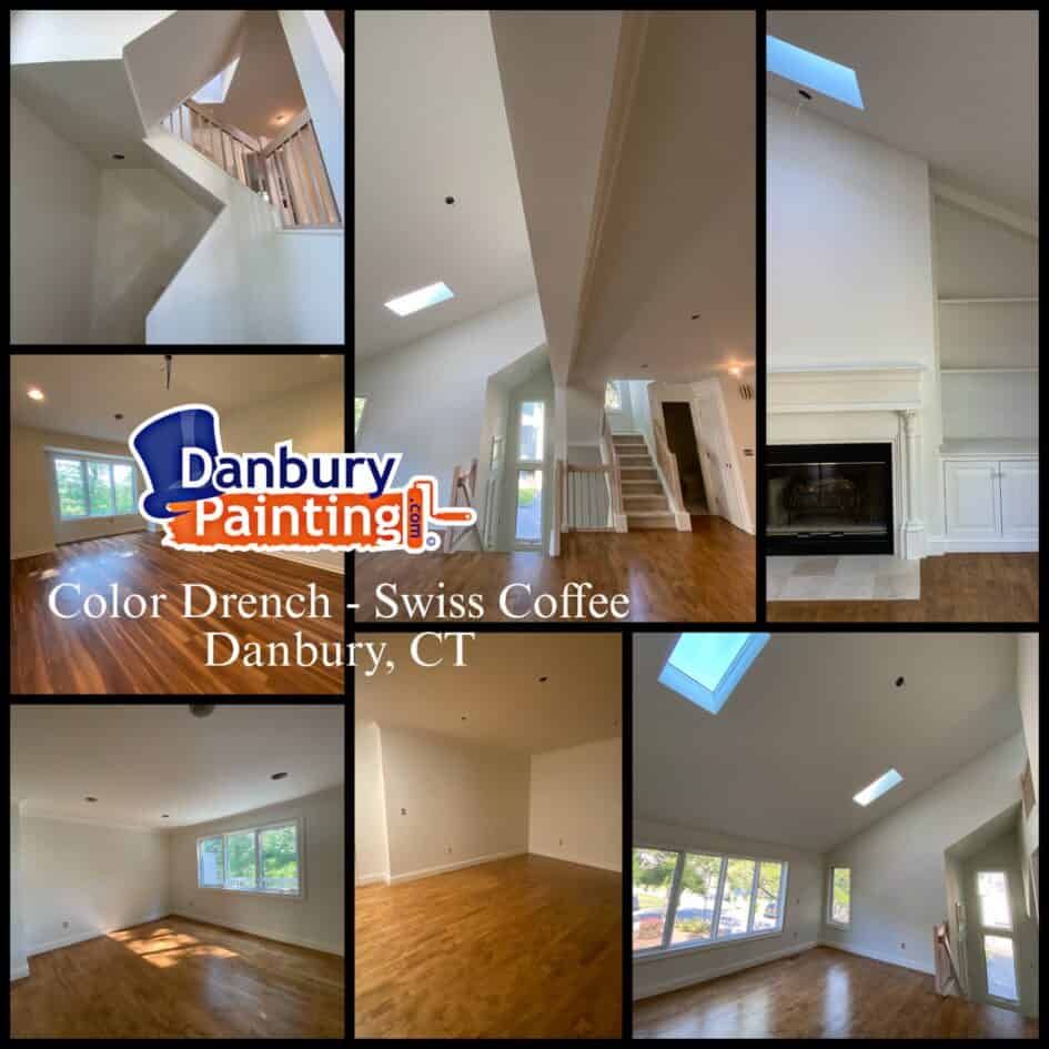 Interior collage of a bright, modern home: white walls, oak hardwood floors, staircase, large windows and skylights; overlaid Danbury Painting logo; living areas under construction or finished.